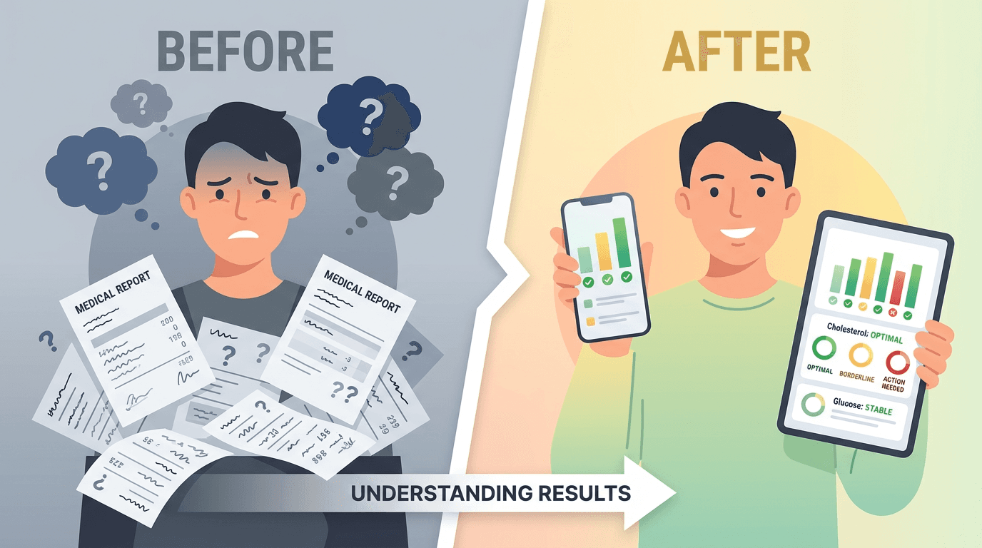 До: растерянность перед стопкой анализов. После: понятный результат на экране.