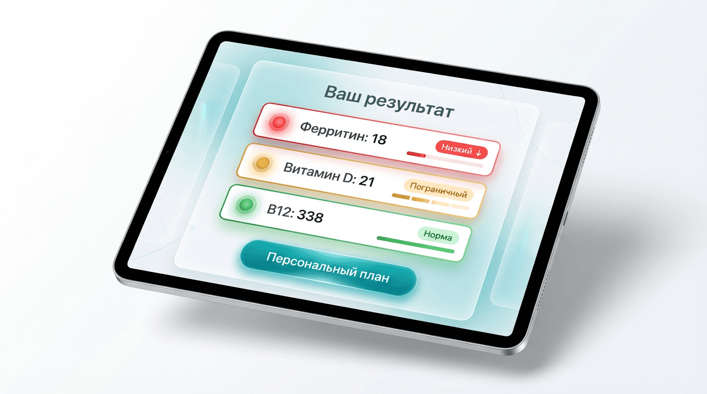 Мокап: панель результатов с цветовыми индикаторами — красный, жёлтый, зелёный