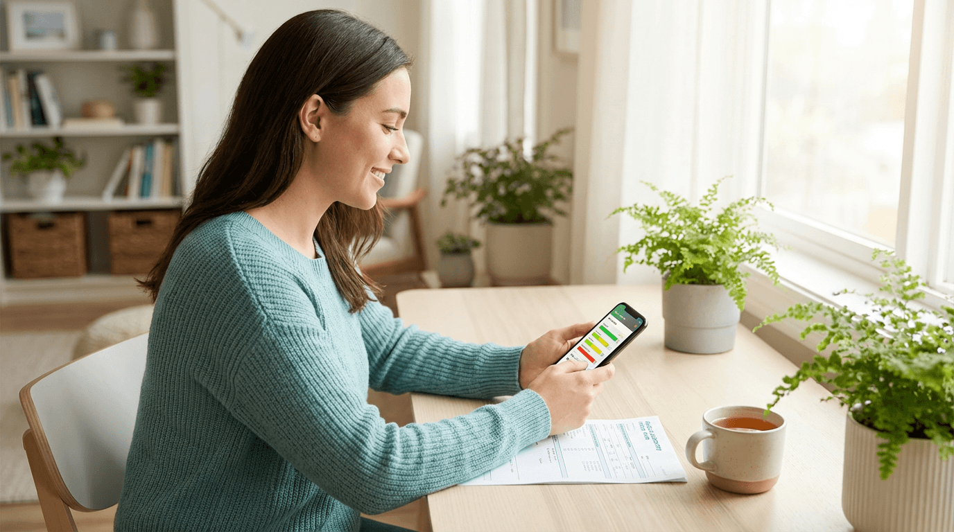 Девушка смотрит результаты анализов на телефоне — спокойно и с пониманием